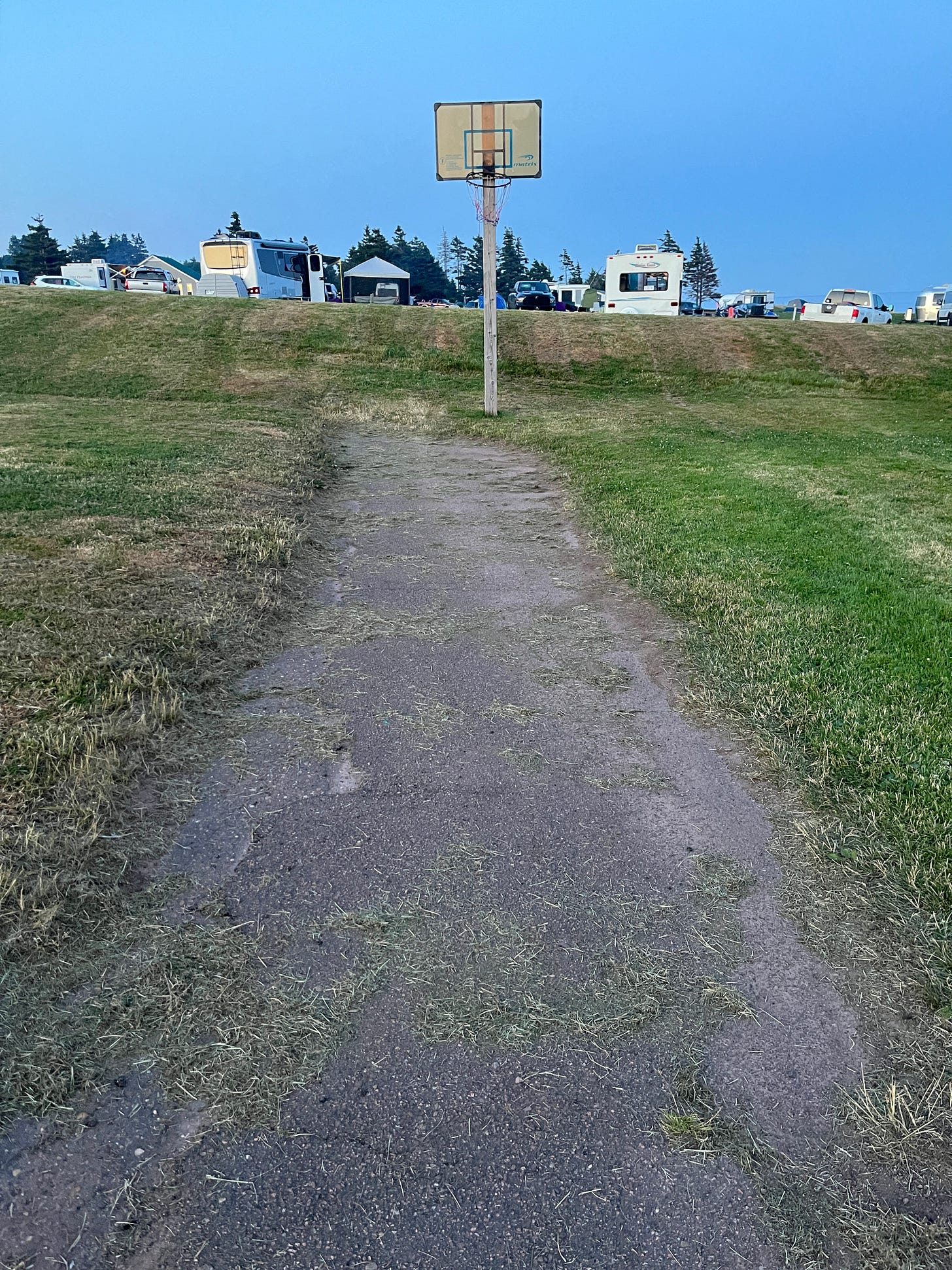 An outdoor basketball net at the end of a strip of asphault which is about 4 feet across and about 40 feet long.