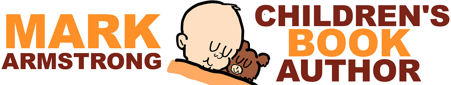 Wordmark for illustrator Mark Armstrong's Substack newsletter titled "Mark Armstrong, Children's Book Author." Shows title spelled out plus Snooze Buddy imprint logo of baby sleeping with teddy bear.