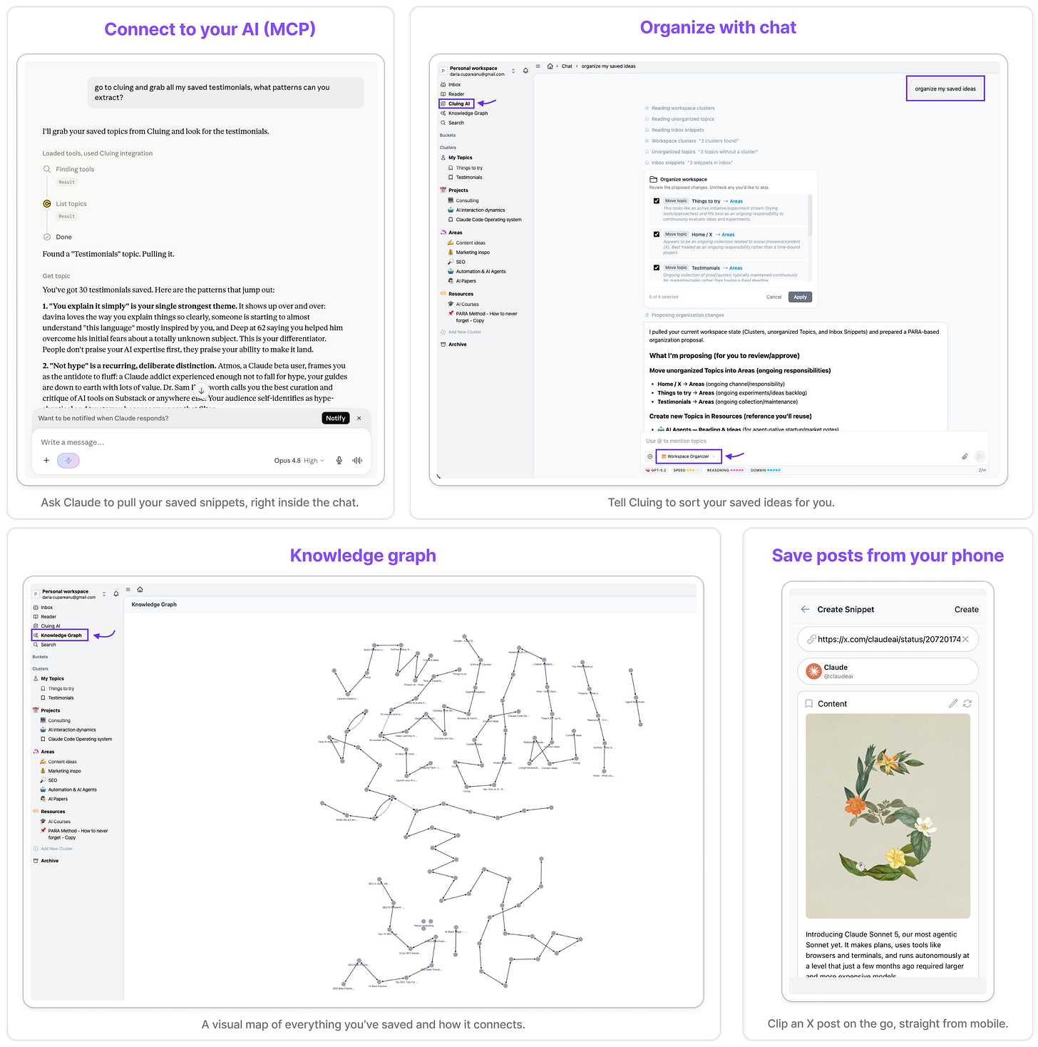 Four Cluing features shown in screenshots: connecting your saved snippets to Claude through MCP, organizing saved ideas into PARA with AI chat, the knowledge graph mapping how everything connects, and saving an X post from the mobile app.