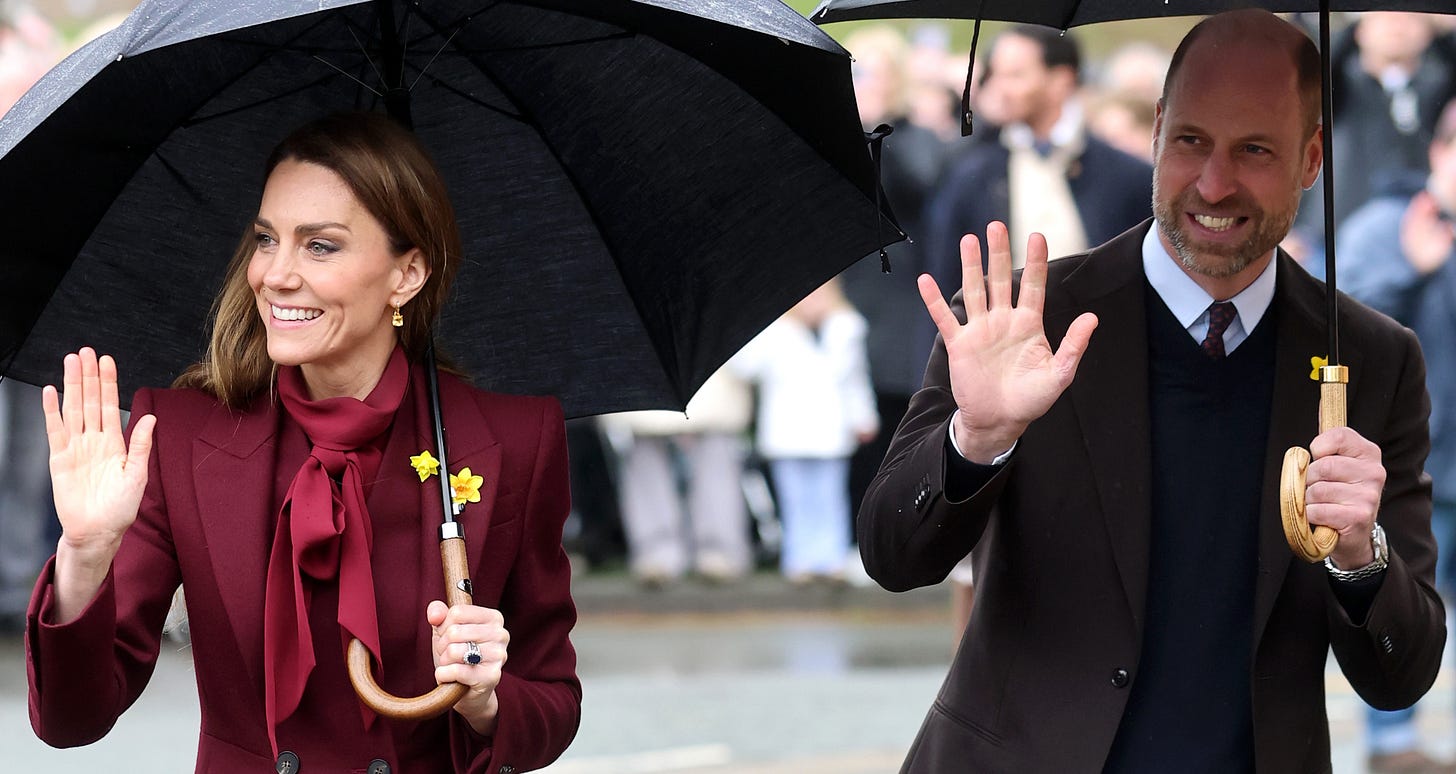 Princess Catherine and Prince William waving holding umbrellas Princess Catherine and Prince William waving holding umbrellas