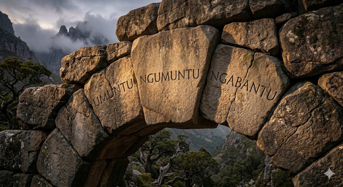The phrase "umuntu ngumuntu ngabantu” inscribed in an archway of interlocking stones The phrase "umuntu ngumuntu ngabantu” inscribed in an archway of interlocking stones