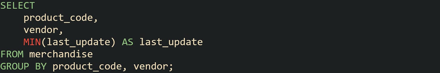 SELECT     product_code,     vendor,     MIN(last_update) AS last_update FROM merchandise GROUP BY product_code, vendor;