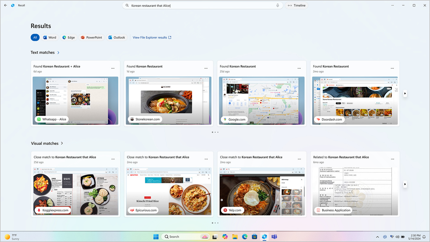 Screenshot of Recall with search results displayed for a query about a restaurant that the user's friend sent them. Screenshot of Recall with search results displayed for a query about a restaurant that the user's friend sent them.