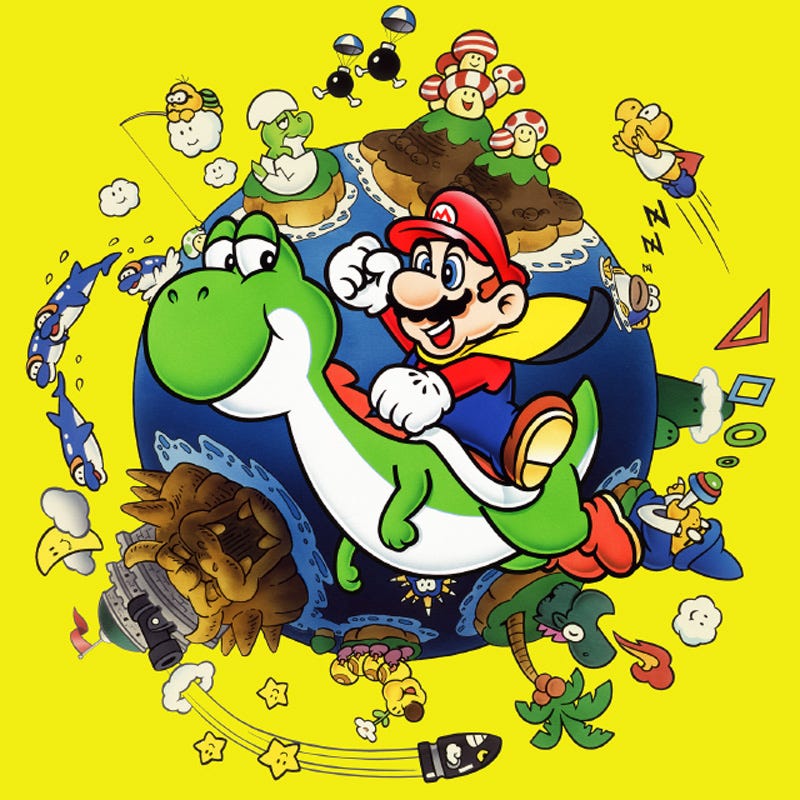 1990 cover art for Super Mario World on the Super Famicom.