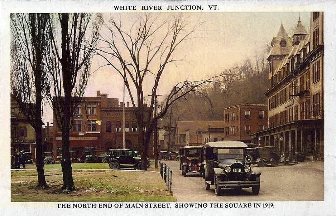 The north end of Main Street in White River Junction, Vermont, showing the Square in 1919, colorized The north end of Main Street in White River Junction, Vermont, showing the Square in 1919, colorized