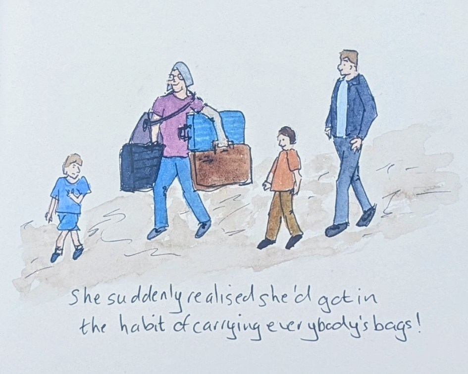 An illustration of a woman struggling under the weight of several suitcases while walking with her family, who carry nothing. A young child skips ahead, while an older child and man stroll casually behind her. An illustration of a woman struggling under the weight of several suitcases while walking with her family, who carry nothing. A young child skips ahead, while an older child and man stroll casually behind her.