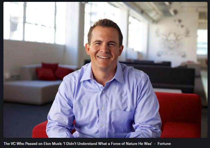 Fortune article screenshot showing a smiling venture capitalist beneath the headline, “The VC Who Passed on Tesla in 2006 Says It ‘Stings Every Day.’” Fortune article screenshot showing a smiling venture capitalist beneath the headline, “The VC Who Passed on Tesla in 2006 Says It ‘Stings Every Day.’”