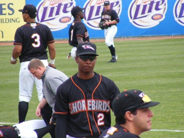 Early on this bemused look was common for Shorebirds second baseman L.J. Hoes, but he's got the hottest bat on the Shorebirds lately. Photo by Kim Corkran. Early on this bemused look was common for Shorebirds second baseman L.J. Hoes, but he's got the hottest bat on the Shorebirds lately. Photo by Kim Corkran.