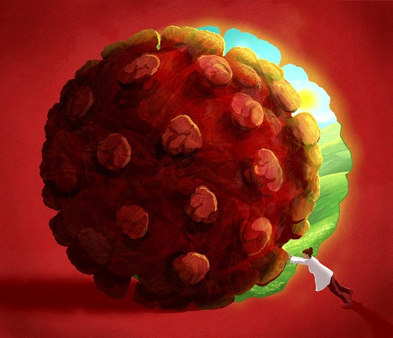 Illustration of a woman trapped in a cave pushing away a large virus to open a way to a beautiful outdoors scene. Illustration of a woman trapped in a cave pushing away a large virus to open a way to a beautiful outdoors scene.