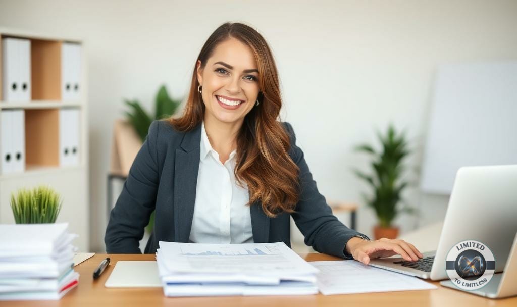 A saleswoman layering success paperwork on each other on her desk and smiling confidently