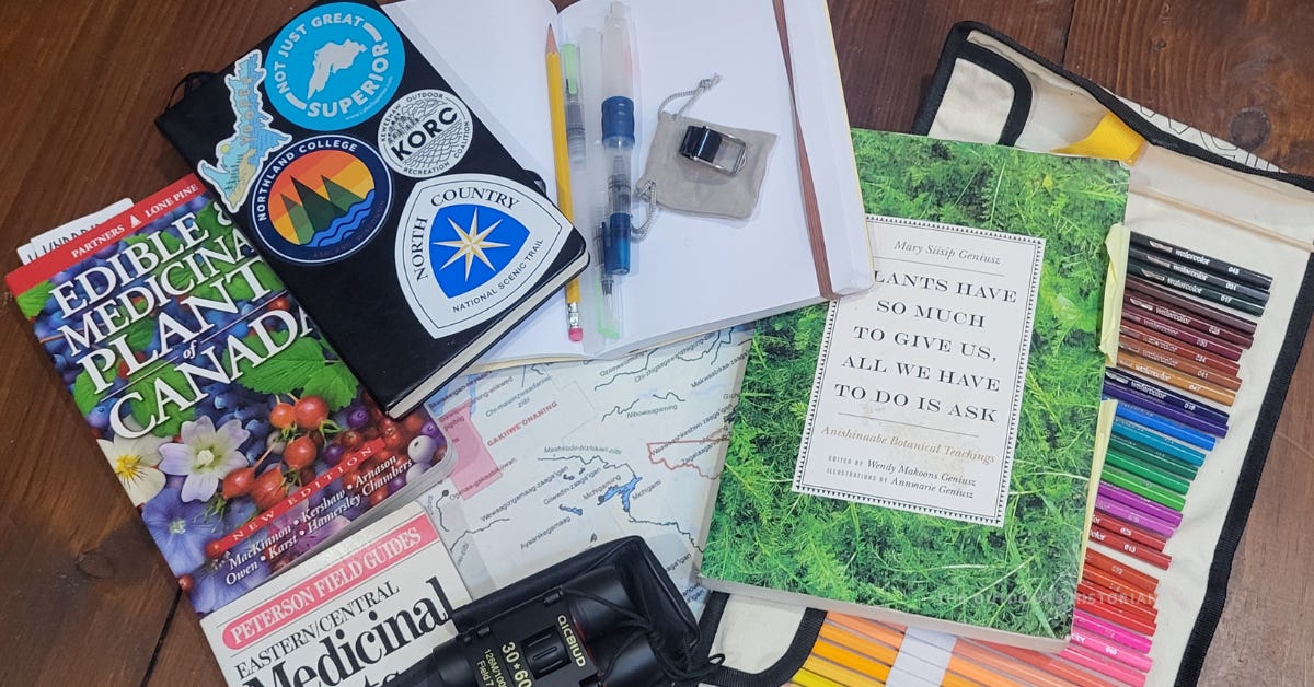 A horizontal overhead shot of a field historian’s kit laid out on a wood surface. The spread includes Rite in the Rain notebooks, watercolor pencils, a 10x hand lens, compact binoculars, various field guides, and maps.