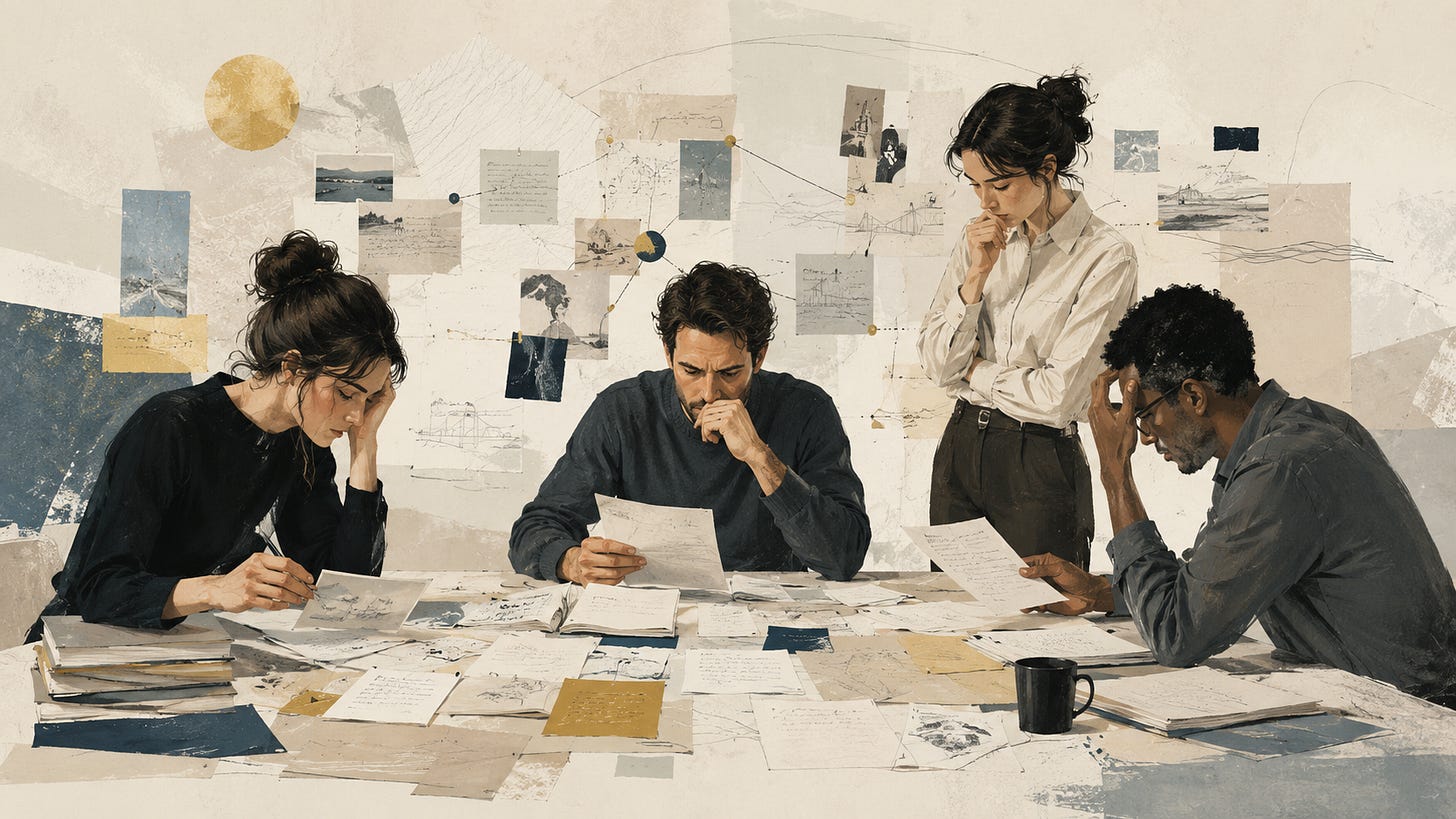 Team reviewing notes and documents around a table to preserve business context