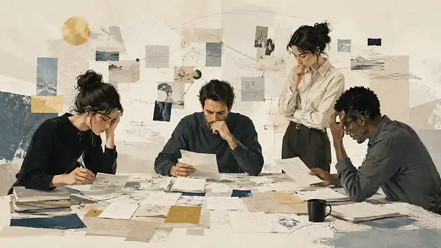 Team reviewing notes and documents around a table to preserve business context