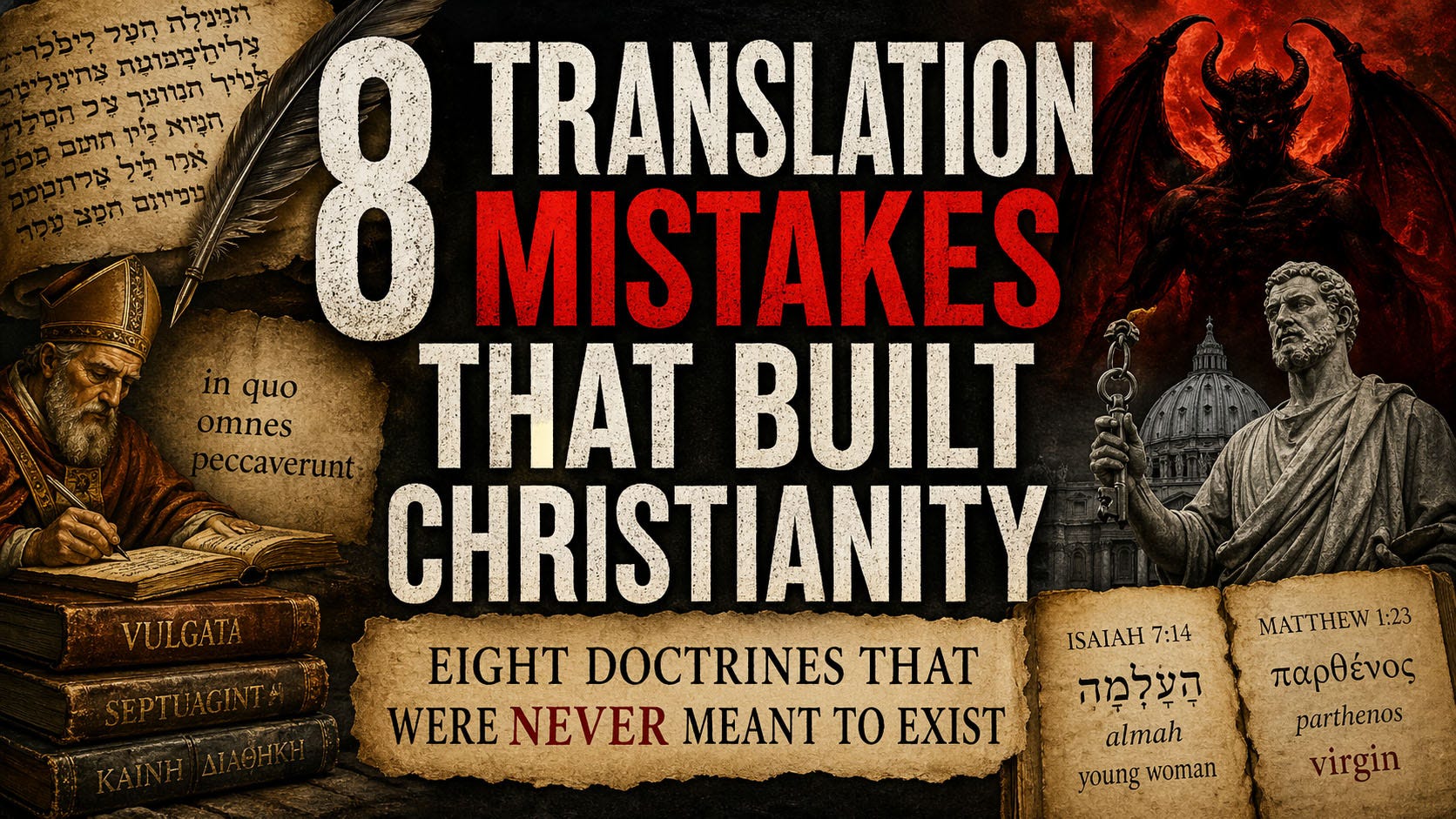 “8 TRANSLATION MISTAKES THAT BUILT CHRISTIANITY” in large bold text. The design uses a dark, high-contrast background with ancient manuscript textures and religious imagery. On the left are old books, parchment, and a scholar-like figure writing; on the right are contrasting symbols including a horned dark figure, classical religious statues, and a domed church building. Small inset panels show Hebrew and Greek text (including Isaiah 7:14 and Matthew 1:23 with words like “almah” and “parthenos”), emphasizing translation differences. The overall mood is intense, historical, and investigative.