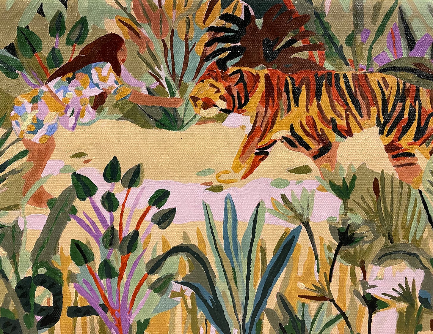Progress photo of a paint-by-numbers kit from Australia-based UK artist Hebe Studio featuring a jungle scene with colorful plants and a brunette petting a tiger.