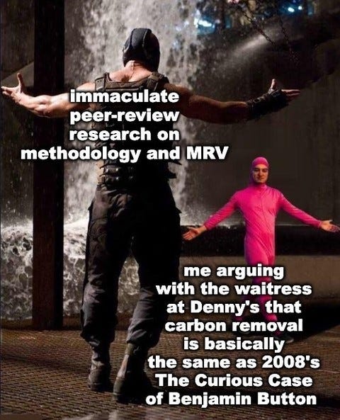 Bane in a rainstorm faces a man in a pink bodysuit. Bane is labelled "immaculate peer-review research on methodology and MRV"; the other "me arguing with the waitress at Denny's that carbon removal is basically the same as 2008's The Curious Case of Benjamin Button".