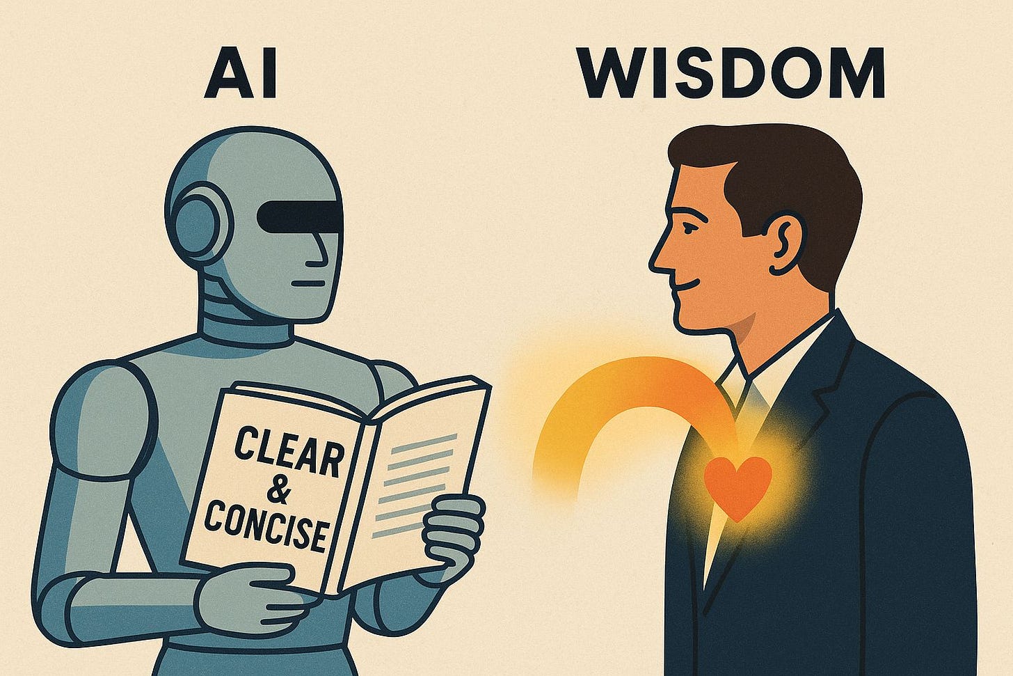 Ilustração de um robô segurando um livro com o título “Clear & Concise” (Claro e Conciso) ao lado de um homem de terno, com um coração brilhando no peito. Um arco conecta o robô ao coração do homem, simbolizando a passagem da informação para a sabedoria.