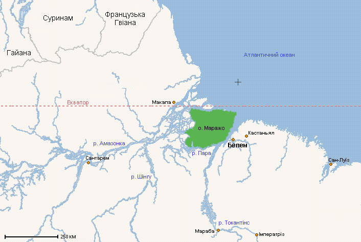a map of the Amazon delta, with an island immediately south of the equator marked in green. the labels are in Ukrainian. sure. 