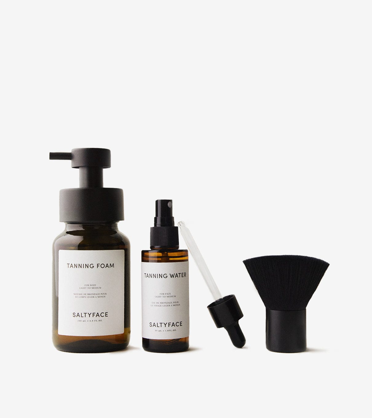Saltyface Tanning Foam, Saltyface Tanning Water with Mist Top, Dropper Applicator and Brush No. 1.