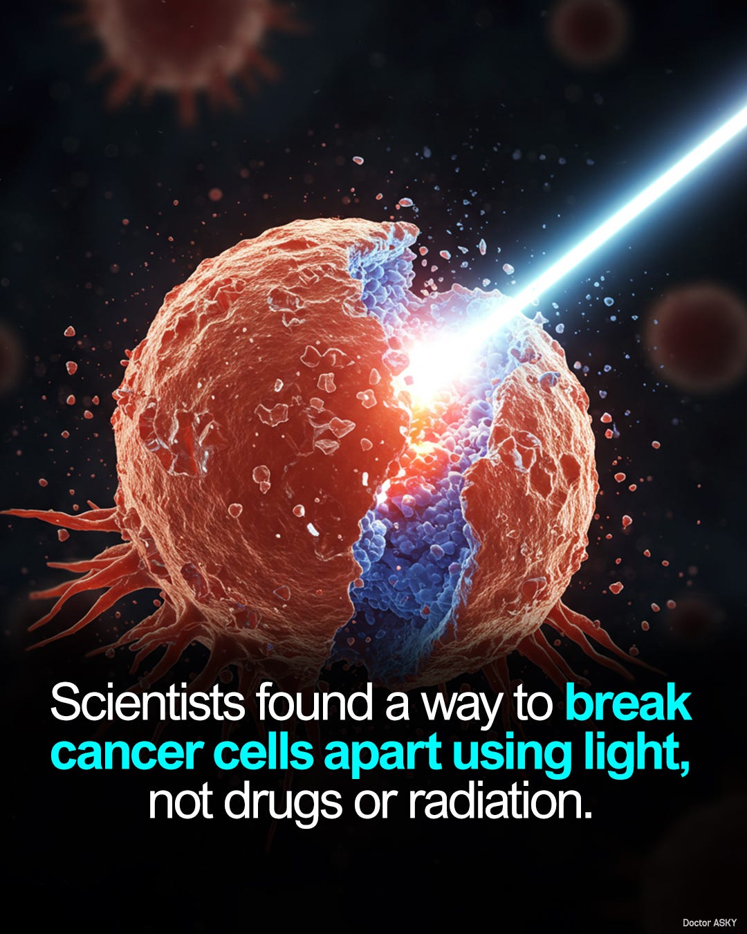 Ist möglicherweise ein Bild von Text „Scientists found a way to break cancer cells apart using light, not drugs or radiation. Doctor ASKY“ Ist möglicherweise ein Bild von Text „Scientists found a way to break cancer cells apart using light, not drugs or radiation. Doctor ASKY“