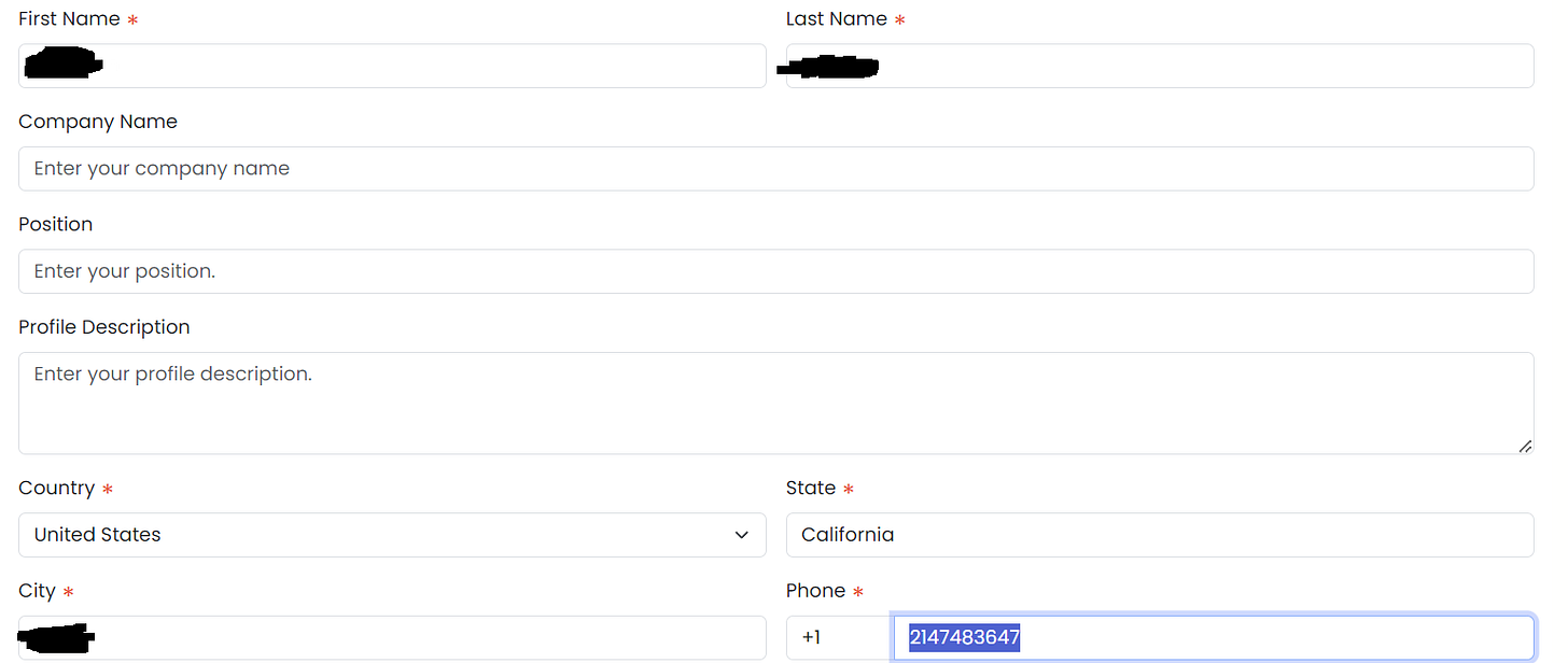 The settings page on the crypto site. Most fields are blanked out, but the phone number is 214-748-3647