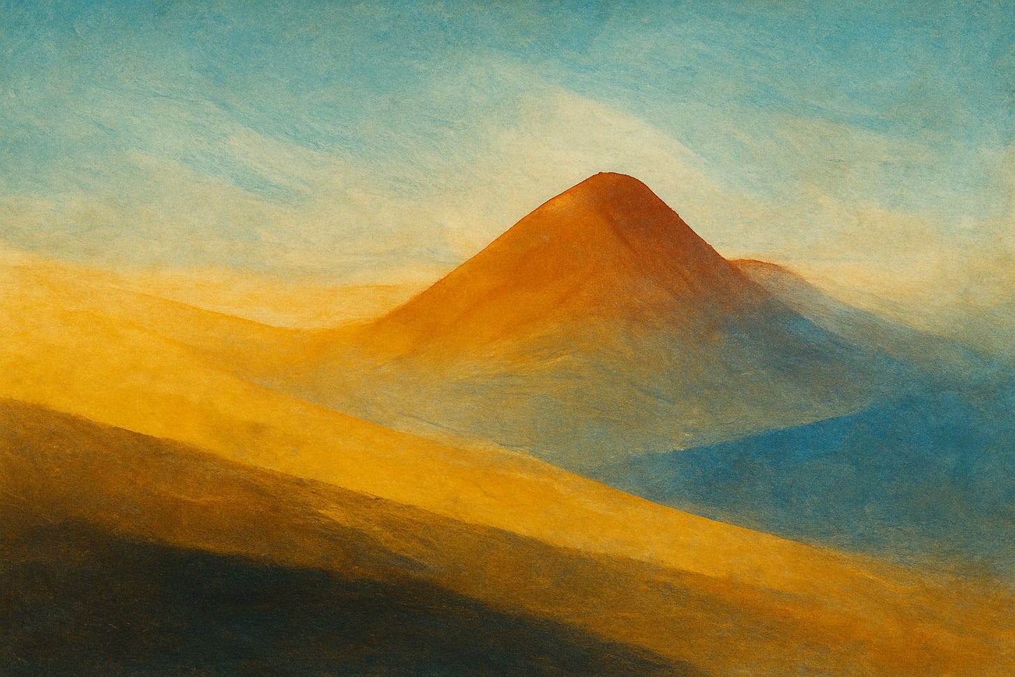 Abstract landscape in soft textures and warm colours, showing a stylised orange mountain rising from layered golden and blue slopes beneath a pale sky. The shapes evoke a distant peak without depicting a specific place.