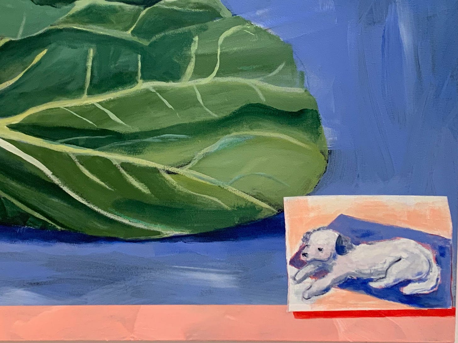 Image Description: Part of a painting at our local museum—with a head of lettuce and a tiny dog who appears to be on a mat of sorts.