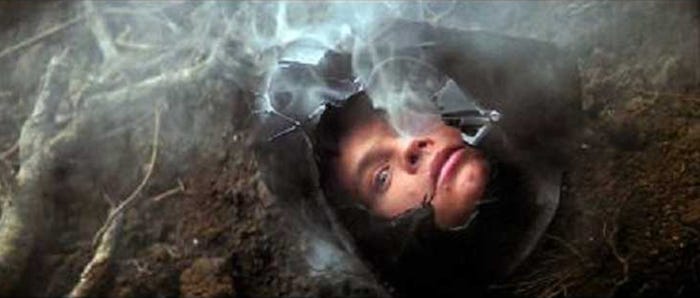 Luke Skywalker confronts his own face inside Darth Vader’s shattered helmet. From The Empire Strikes Back Luke Skywalker confronts his own face inside Darth Vader’s shattered helmet. From The Empire Strikes Back