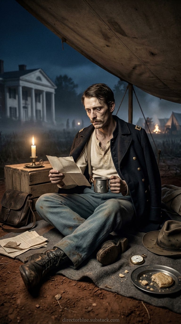 Portrait orientation 9x16 photographic image hyper-realistic Civil War era photograph quality with slight sepia warmth and film grain pre-dawn scene lit by a single tallow candle flame and distant amber campfire glow against deep blue-black _image_1
