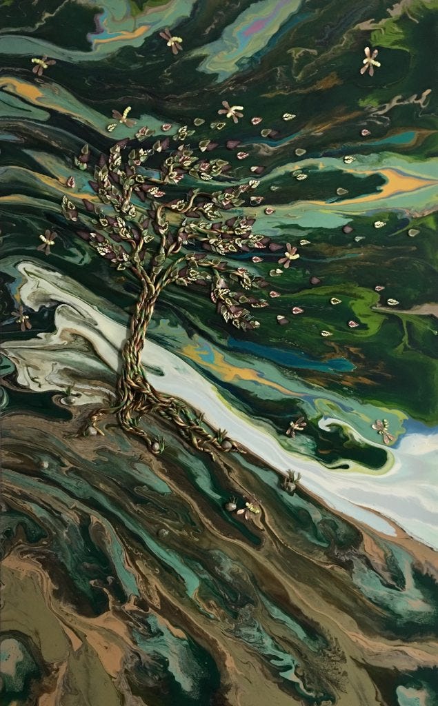 Deep green tree in polymer in front of a green and yellow sky and sloping brown and green hill.