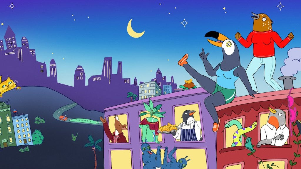 A drawing of a group of anthropomorphic animals and plants partying in a big city landscape