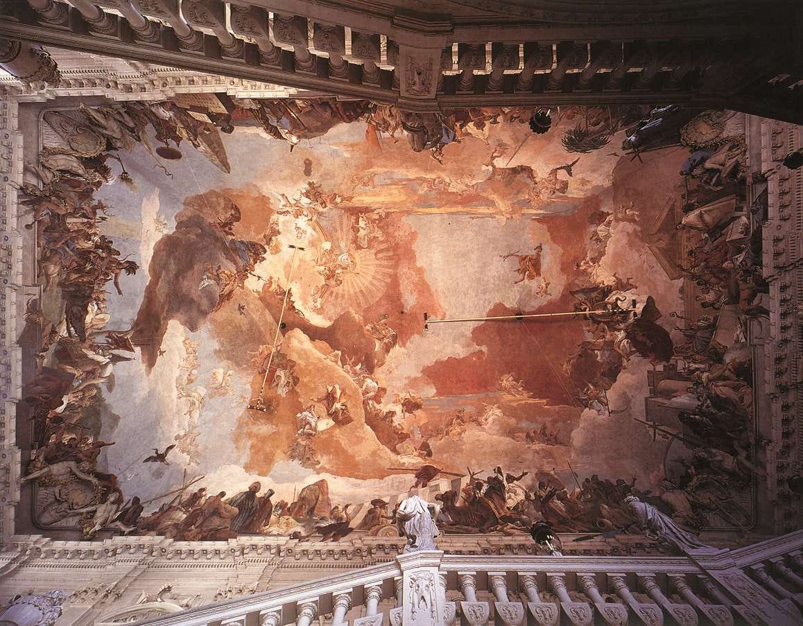 A vast ceiling fresco of Apollo above the four continents A vast ceiling fresco of Apollo above the four continents