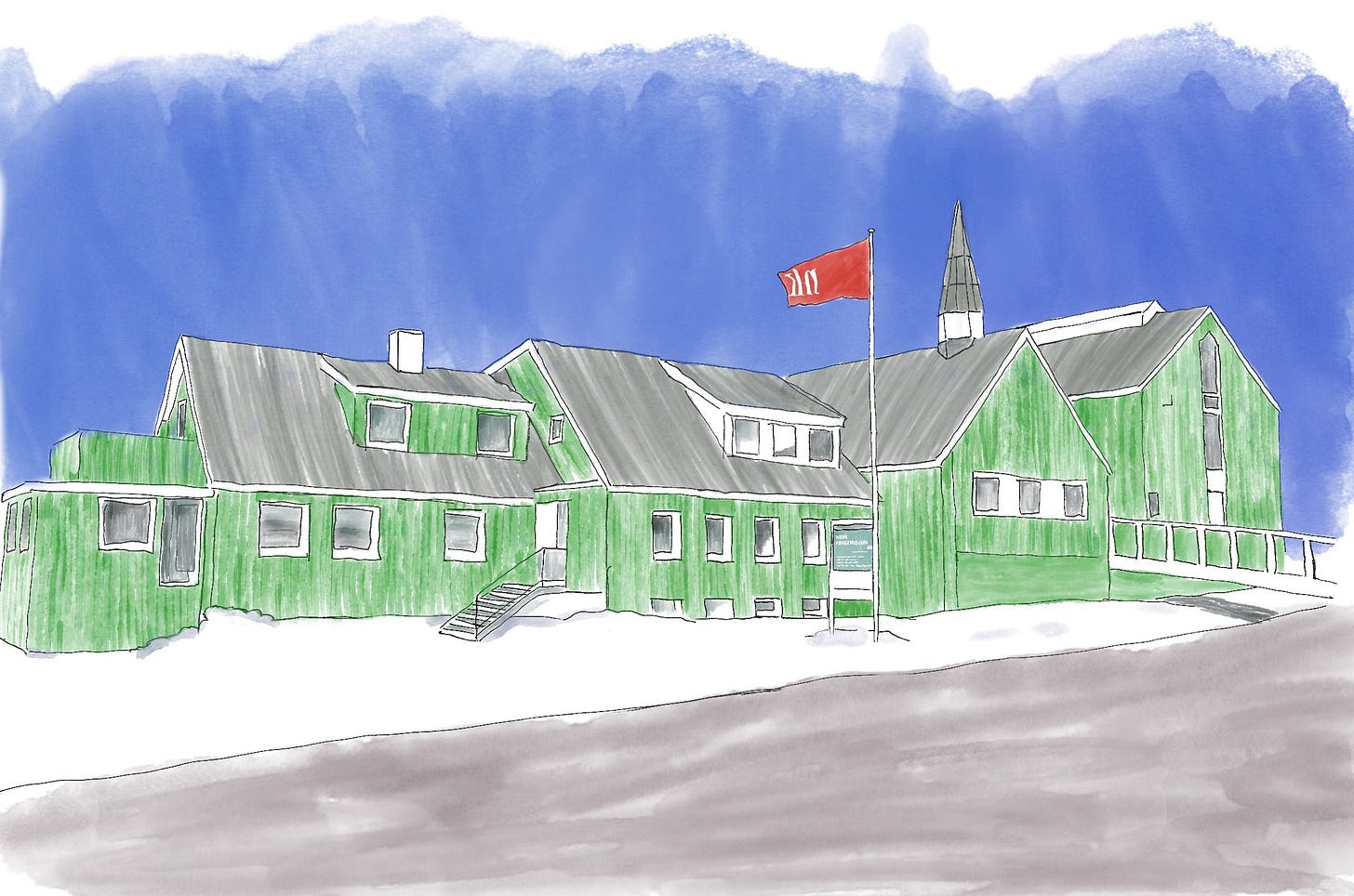 Watercolor painting of the Nuuk Kunstmuseum in Greenland, its bright green exterior and NK flag standing against a blue Arctic sky. Watercolor painting of the Nuuk Kunstmuseum in Greenland, its bright green exterior and NK flag standing against a blue Arctic sky.