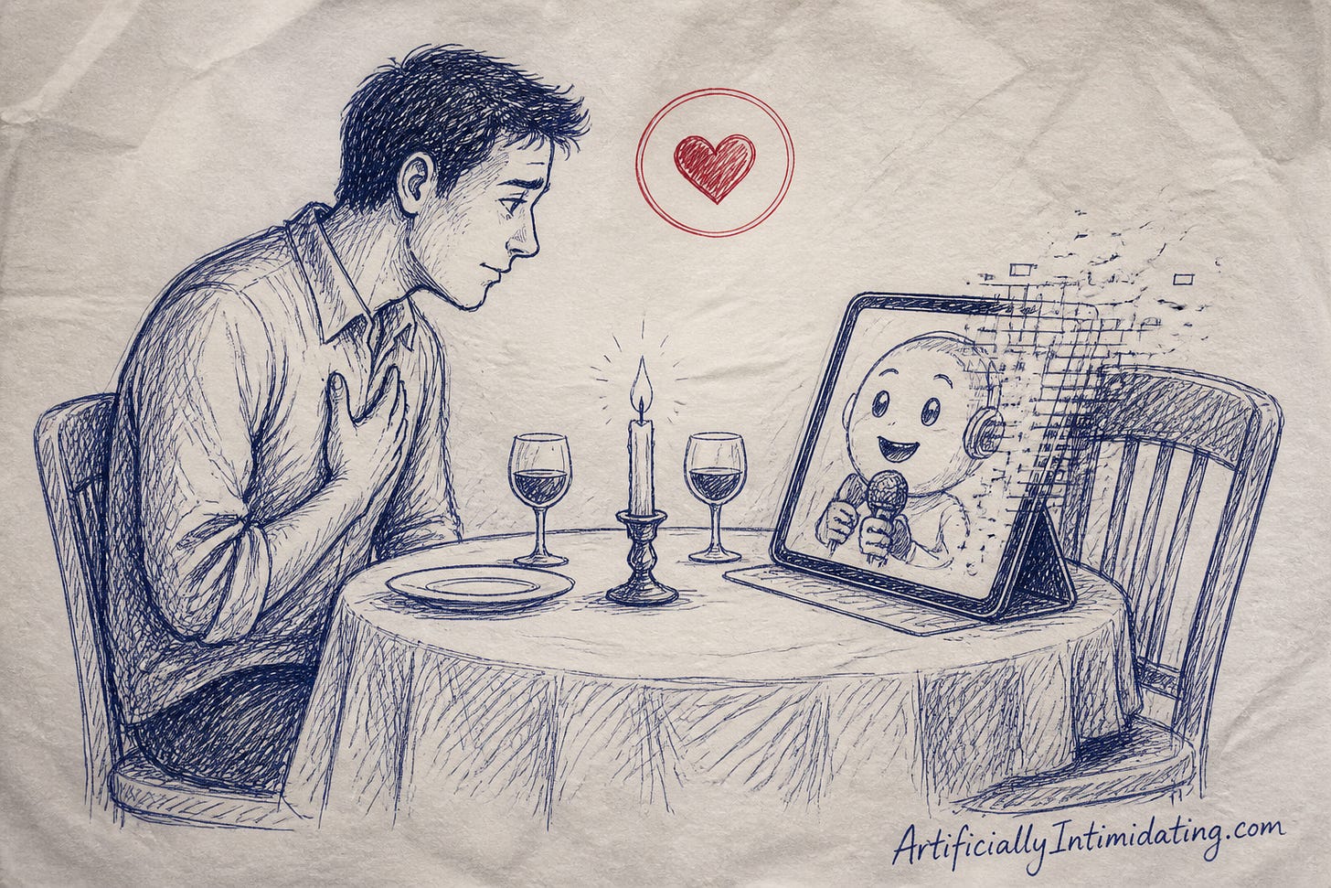 A man at a candlelit dinner table presses a hand to his chest as the avatar on a propped-up tablet, holding a microphone, starts to flicker and go blank. A man at a candlelit dinner table presses a hand to his chest as the avatar on a propped-up tablet, holding a microphone, starts to flicker and go blank.