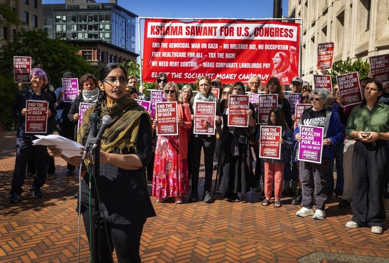 Running as a socialist, Kshama Sawant announces her campaign for Congress, challenging Rep. Adam Smith, D-Bellevue, outside the Jackson Federal Building in Seattle. (Ken Lambert / The Seattle Times)