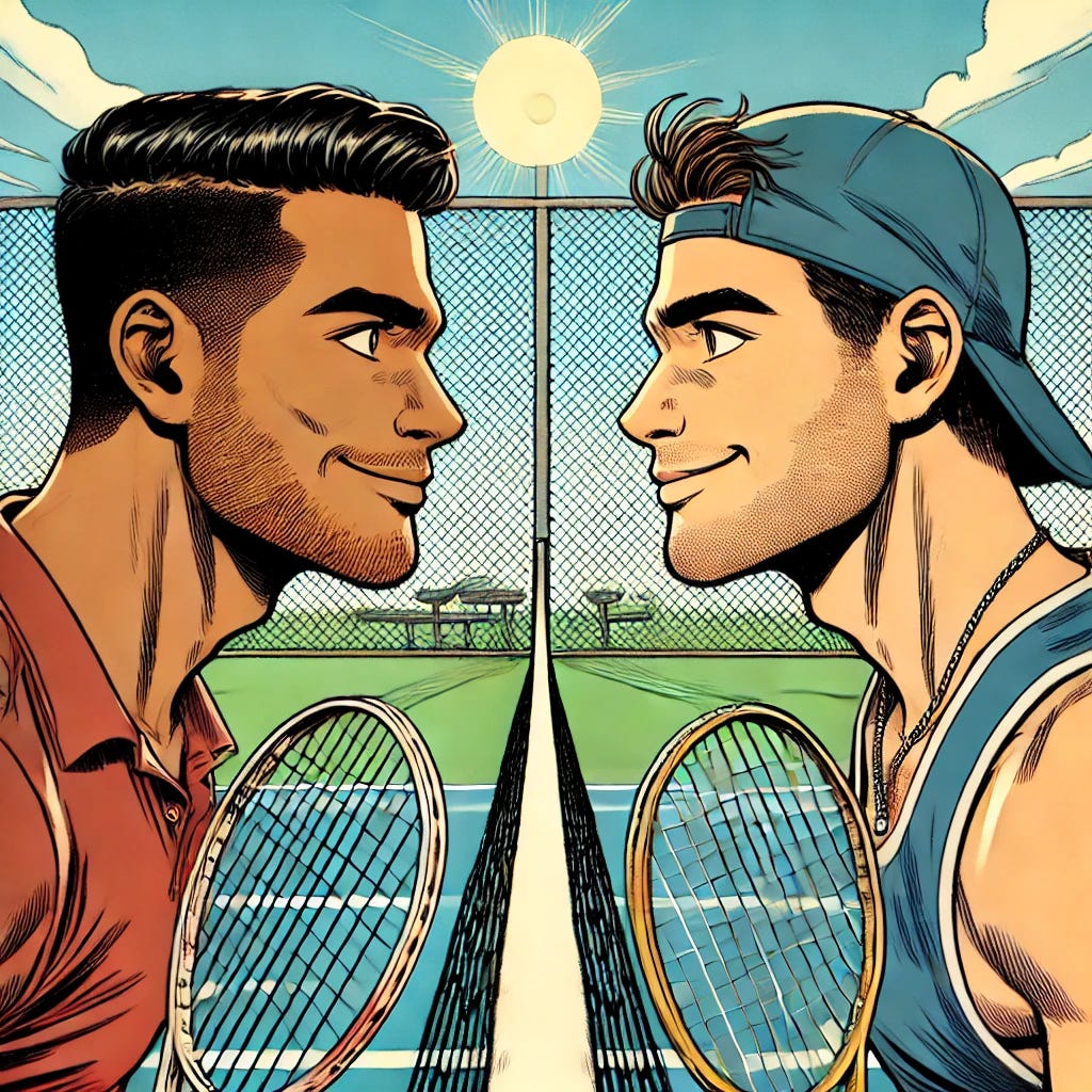 A single-panel comic book image featuring two men facing each other across a tennis net. The man on the left has Latinx features, including darker skin, short black hair, and a build typical of Latinx descent. The scene is set on a sunny tennis court with a clear, bright sky. Both men are wearing shirts and holding tennis rackets. They have a competitive yet fun expression as they look at each other with focus. The visual style is exaggerated and cartoonish, capturing the intensity of the competition but also the enjoyment of the game. The background is clear, emphasizing the two men.