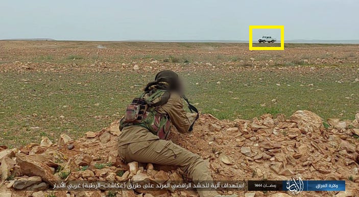 Documentation of ISIS operatives shooting at a Popular Mobilization vehicle (Telegram, March 27, 2023) Documentation of ISIS operatives shooting at a Popular Mobilization vehicle (Telegram, March 27, 2023)