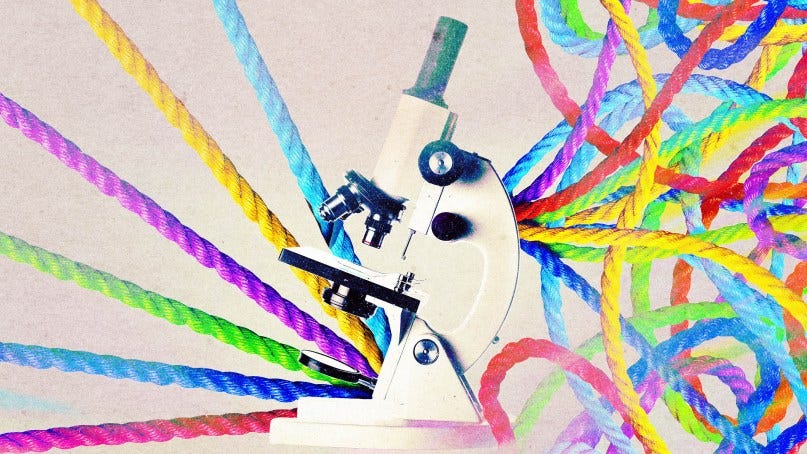 A photo illustration shows ropes on either side of a microscope, one side organized and one side tangled and chaotic. A photo illustration shows ropes on either side of a microscope, one side organized and one side tangled and chaotic.