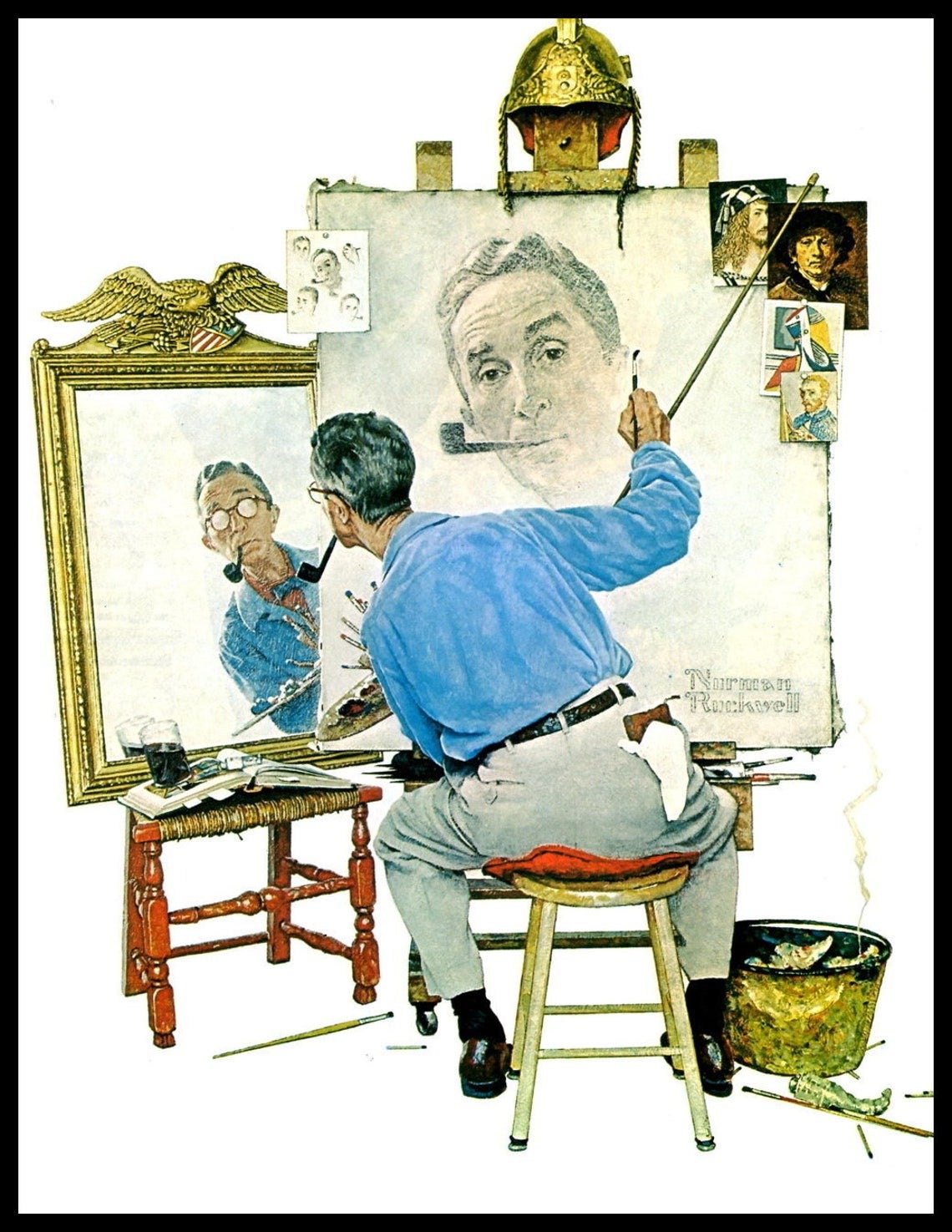 May include: A painting of a man with a pipe in his mouth. The man is wearing a blue shirt and gray pants. He is sitting on a stool and painting a self-portrait in a mirror. The painting is on an easel with a sign that reads 'Norman Rockwell'.