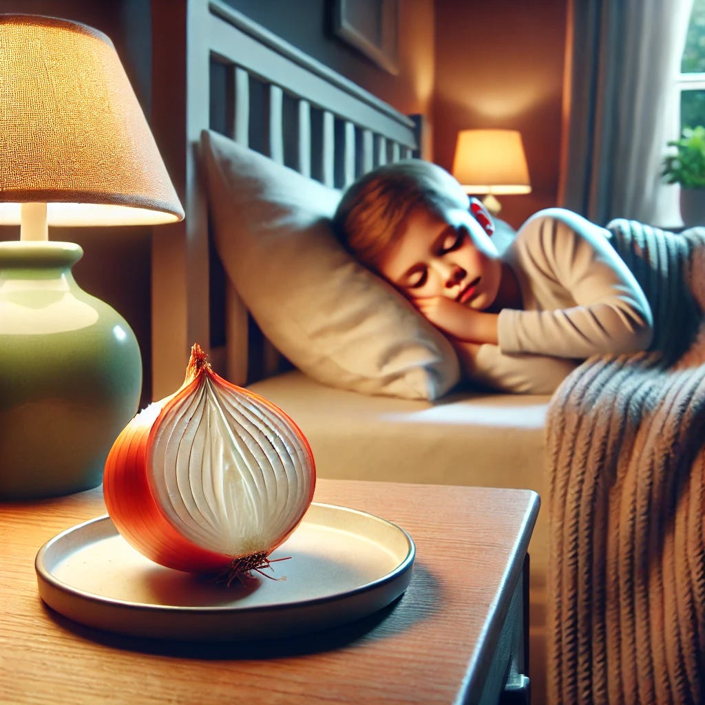 A realistic image of a child sleeping peacefully in bed with a halved onion placed on a small plate on the bedside table. The scene includes a cozy and softly lit bedroom with warm lighting, a neatly tucked blanket, and a lamp on the nightstand next to the onion. The atmosphere conveys warmth, comfort, and the natural remedy's effectiveness in reducing nasal congestion.