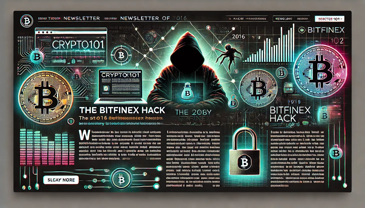 A professional banner design for a newsletter titled 'Crypto101', telling the story of the 2016 Bitfinex hack. The banner features a dark and mysterious cybercrime theme with a visual representation of cryptocurrency (like Bitcoins) and blockchain being hacked. Include digital glitch effects, a shadowy hacker figure, and elements like binary code streams or locks breaking. The colors are predominantly dark with vibrant neon highlights in green and blue, evoking a high-tech and urgent atmosphere. Text areas are clean and minimal, leaving space for the newsletter title and the story highlight.