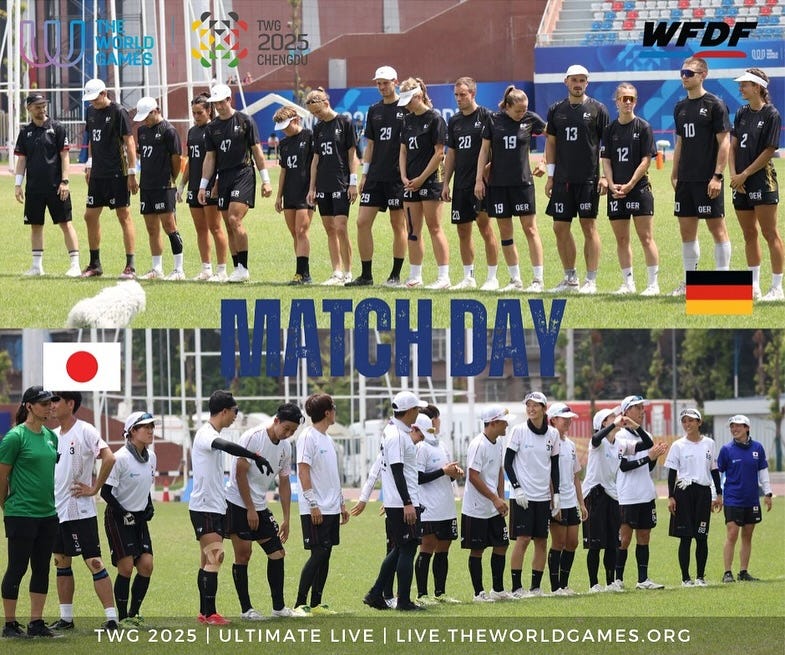 May be an image of 28 people, people playing football and text that says "WORLD TWG 2025 CHENGDI WFDF ባዉዉ 20 19 13 10 19 MATCHO TWG 2025 ULTIMATE 0C2025/0LTITLAELAELELE LIVE LIVE.THEWORLDCAMES.ORG"