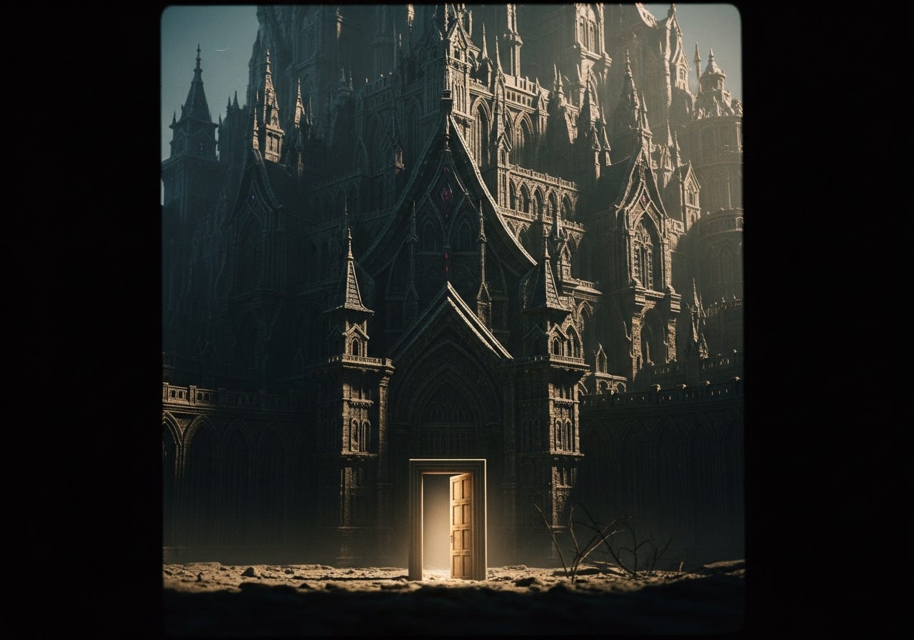 A photorealistic, cinematic shot of a vast, intricate, and slightly decaying gothic fortress made of weathered dark stone and iron, partially shrouded in mist, with a single heavy wooden door slightly ajar in the foreground, from which a soft, inviting light spills. A photorealistic, cinematic shot of a vast, intricate, and slightly decaying gothic fortress made of weathered dark stone and iron, partially shrouded in mist, with a single heavy wooden door slightly ajar in the foreground, from which a soft, inviting light spills.
