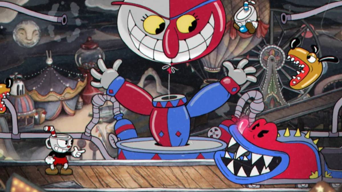 Cuphead and Mugman fighting the carnival clown boss