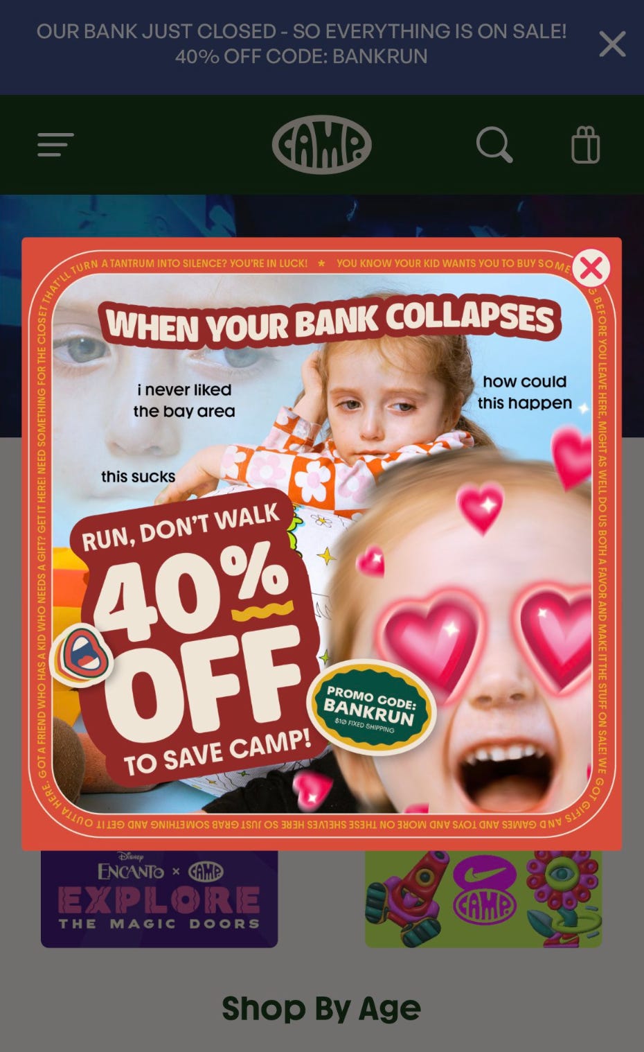 The landing page for Camp.com on Saturday, 10 March. The company needed to urgently generate cash to continue operations, with its bank having gone under the previous day. The landing page for Camp.com on Saturday, 10 March. The company needed to urgently generate cash to continue operations, with its bank having gone under the previous day.