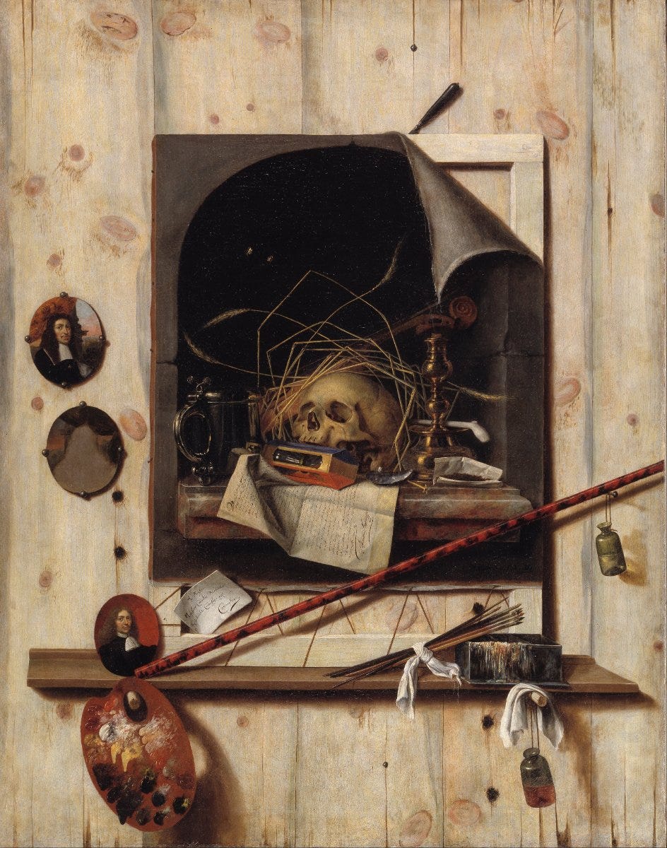 Gijsbrechts's trompe l'oeil: a wooden wall with a canvas whose corner curls forward, showing a skull still life, a maulstick, brushes and a palette Gijsbrechts's trompe l'oeil: a wooden wall with a canvas whose corner curls forward, showing a skull still life, a maulstick, brushes and a palette
