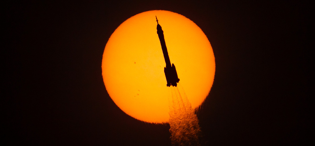 The Long March 2F/G Y22 vehicle transiting in front of the Sun during first-stage flight for the launch of the Shenzhou-22 spacecraft on November 25th 2025.