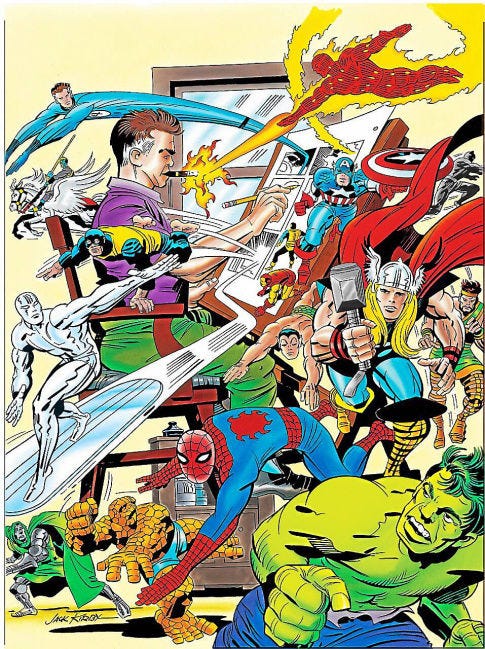 Jack Kirby's self-portrait with Marvel characters. 