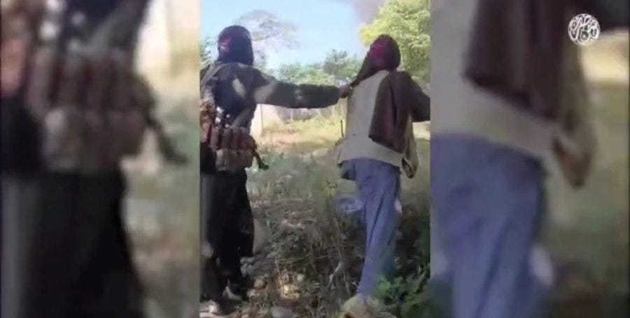 Three frames from a video show masked armed men in tactical clothing and headscarves standing in a grassy outdoor area with trees and a blue sky, one holding a weapon and gesturing, another walking away, in the context of a Tehreek-e-Taliban Pakistan ambush in Bajaur district.