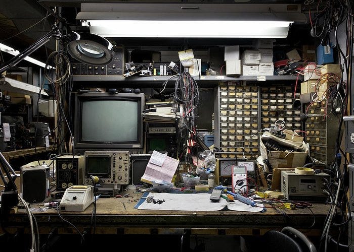 Electronics Bench 1 Workspace Greeting Card by Joseph O. Holmes /  Portfolio.streetnine.com